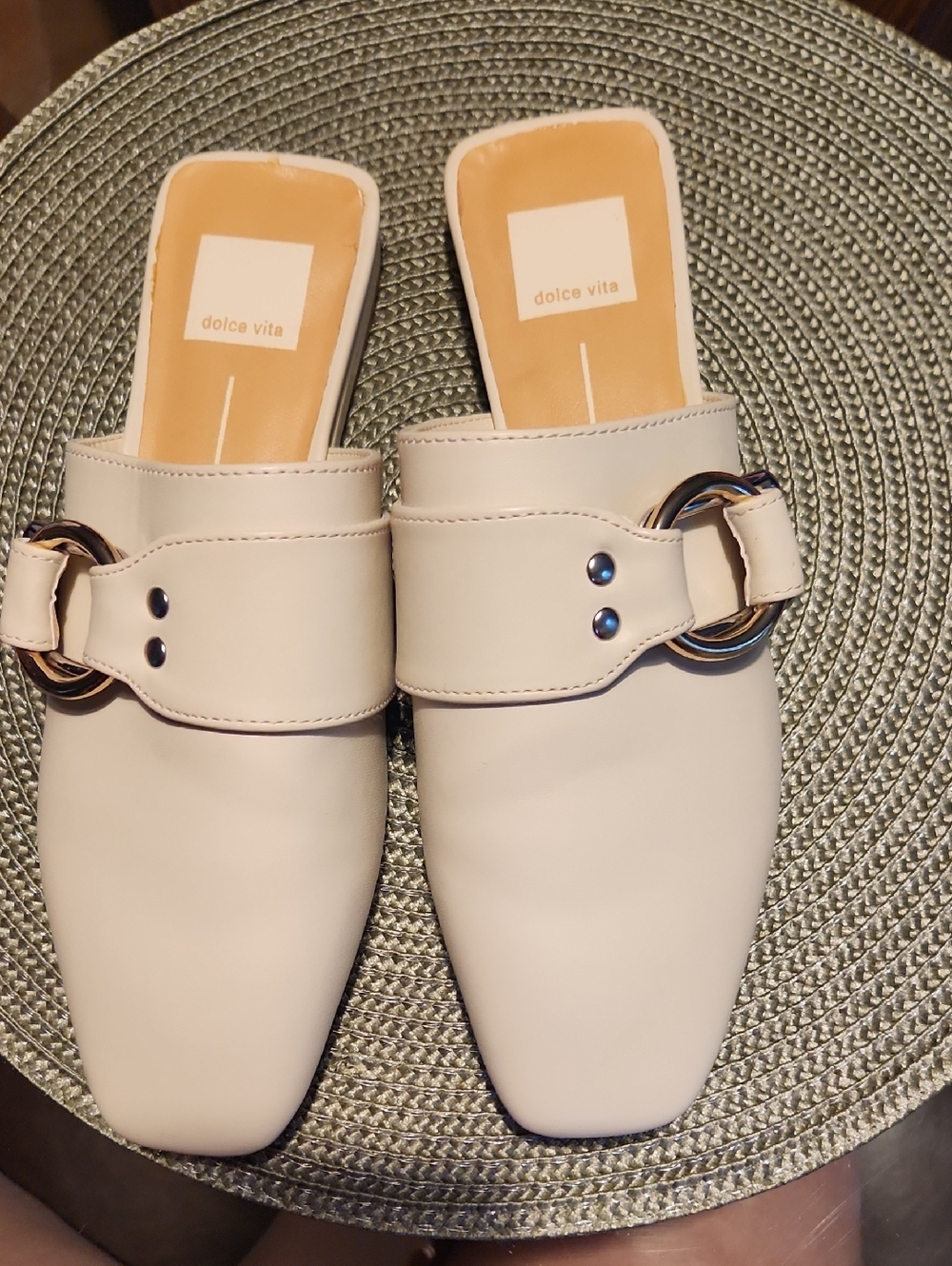 Dolce Vita Cream Slip-On Mules with Gold Ring Accent